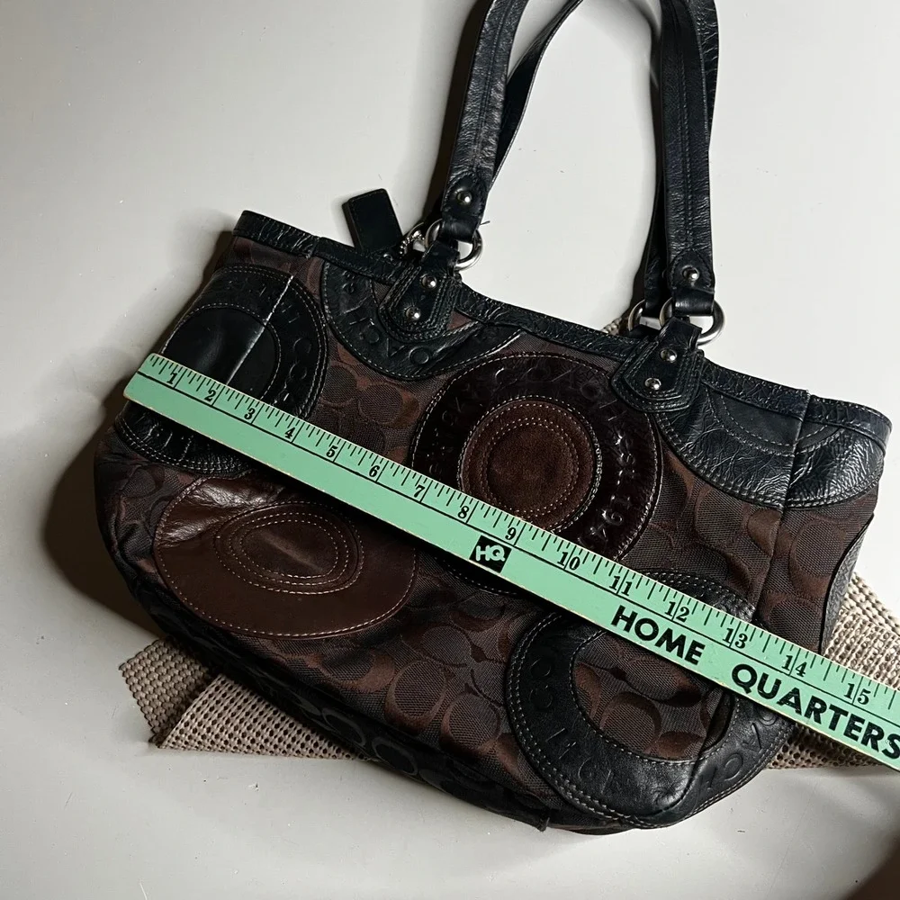 Coach Audrey Signature Patchwork Tote Brown Black Jacquard Leather Bag F15466